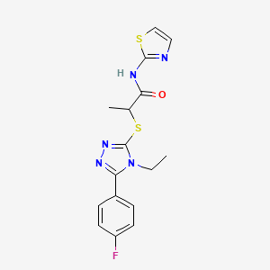 molecular formula C16H16FN5OS2 B5554020 2-{[4-ethyl-5-(4-fluorophenyl)-4H-1,2,4-triazol-3-yl]thio}-N-1,3-thiazol-2-ylpropanamide 