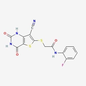 molecular formula C15H9FN4O3S2 B5554383 2-[(7-cyano-4-hydroxy-2-oxo-1,2-dihydrothieno[3,2-d]pyrimidin-6-yl)thio]-N-(2-fluorophenyl)acetamide 