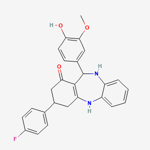 molecular formula C26H23FN2O3 B5554519 3-(4-fluorophenyl)-11-(4-hydroxy-3-methoxyphenyl)-2,3,4,5,10,11-hexahydro-1H-dibenzo[b,e][1,4]diazepin-1-one 