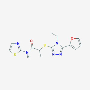 molecular formula C14H15N5O2S2 B5554887 2-{[4-ethyl-5-(2-furyl)-4H-1,2,4-triazol-3-yl]thio}-N-1,3-thiazol-2-ylpropanamide 