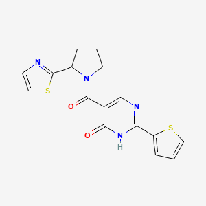 molecular formula C16H14N4O2S2 B5555108 5-{[2-(1,3-噻唑-2-基)吡咯烷-1-基]羰基}-2-(2-噻吩基)嘧啶-4-醇 