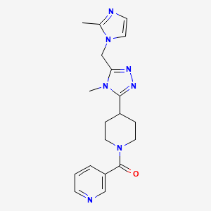 molecular formula C19H23N7O B5555689 3-[(4-{4-methyl-5-[(2-methyl-1H-imidazol-1-yl)methyl]-4H-1,2,4-triazol-3-yl}piperidin-1-yl)carbonyl]pyridine 