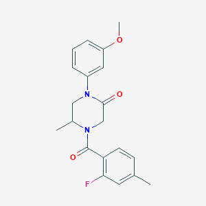 molecular formula C20H21FN2O3 B5556166 4-(2-fluoro-4-methylbenzoyl)-1-(3-methoxyphenyl)-5-methyl-2-piperazinone 