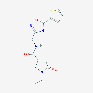 molecular formula C14H16N4O3S B5559156 1-乙基-5-氧代-N-{[5-(2-噻吩基)-1,2,4-恶二唑-3-基]甲基}-3-吡咯烷酮 