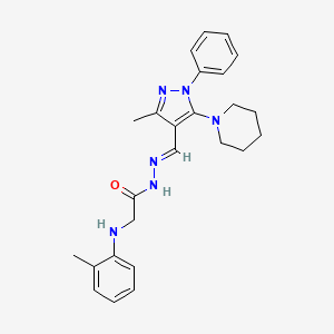 molecular formula C25H30N6O B5559389 2-[(2-甲基苯基)氨基]-N'-{[3-甲基-1-苯基-5-(1-哌啶基)-1H-吡唑-4-基]亚甲基}乙酰肼 