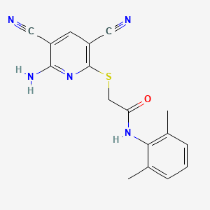 molecular formula C17H15N5OS B5560116 2-[(6-amino-3,5-dicyano-2-pyridinyl)thio]-N-(2,6-dimethylphenyl)acetamide 