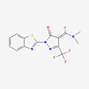 molecular formula C14H11F3N4OS B5560596 2-(1,3-苯并噻唑-2-基)-4-[(二甲氨基)亚甲基]-5-(三氟甲基)-2,4-二氢-3H-吡唑-3-酮 