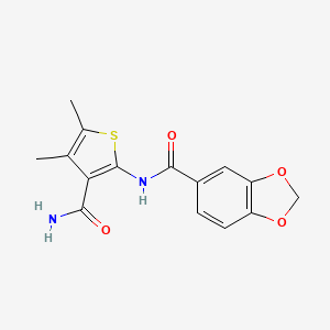 molecular formula C15H14N2O4S B5560791 N-[3-(氨基羰基)-4,5-二甲基-2-噻吩基]-1,3-苯并二氧杂环-5-甲酰胺 