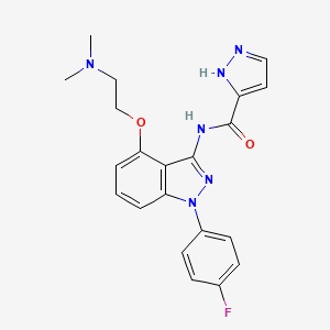 molecular formula C21H21FN6O2 B5560831 N-[4-[2-(二甲氨基)乙氧基]-1-(4-氟苯基)-1H-吲唑-3-基]-1H-吡唑-3-甲酰胺 