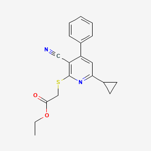 molecular formula C19H18N2O2S B5560893 乙酸[(3-氰基-6-环丙基-4-苯基-2-吡啶基)硫]乙酯 