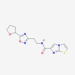 molecular formula C14H15N5O3S B5561655 N-{2-[5-(四氢-2-呋喃基)-1,2,4-恶二唑-3-基]乙基}咪唑并[2,1-b][1,3]噻唑-6-甲酰胺 