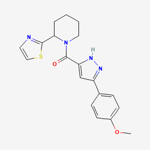 molecular formula C19H20N4O2S B5561742 1-{[3-(4-methoxyphenyl)-1H-pyrazol-5-yl]carbonyl}-2-(1,3-thiazol-2-yl)piperidine 