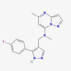 molecular formula C18H17FN6 B5562243 N-{[3-(4-fluorophenyl)-1H-pyrazol-4-yl]methyl}-N,5-dimethylpyrazolo[1,5-a]pyrimidin-7-amine 