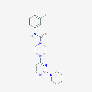 molecular formula C21H27FN6O B5562258 N-(3-氟-4-甲基苯基)-4-[2-(1-哌啶基)-4-嘧啶基]-1-哌嗪甲酰胺 