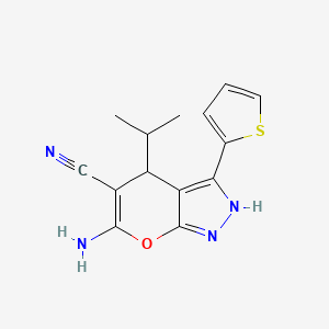 molecular formula C14H14N4OS B5562304 6-氨基-4-异丙基-3-(2-噻吩基)-2,4-二氢吡喃并[2,3-c]吡唑-5-腈 
