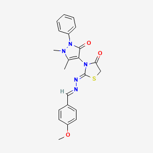 molecular formula C22H21N5O3S B5563206 4-methoxybenzaldehyde [3-(1,5-dimethyl-3-oxo-2-phenyl-2,3-dihydro-1H-pyrazol-4-yl)-4-oxo-1,3-thiazolidin-2-ylidene]hydrazone 
