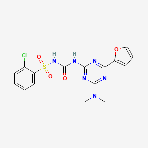 molecular formula C16H15ClN6O4S B5563376 2-氯-N-({[4-(二甲氨基)-6-(2-呋喃基)-1,3,5-三嗪-2-基]氨基}羰基)苯磺酰胺 