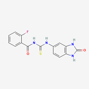 molecular formula C15H11FN4O2S B5565770 2-氟-N-{[(2-氧代-2,3-二氢-1H-苯并咪唑-5-基)氨基]碳硫酰}苯甲酰胺 