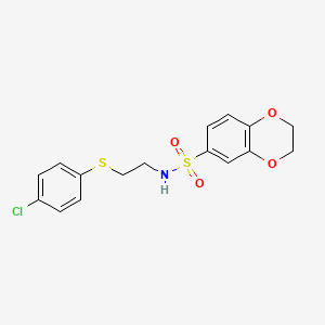 molecular formula C16H16ClNO4S2 B5565929 N-{2-[(4-chlorophenyl)thio]ethyl}-2,3-dihydro-1,4-benzodioxine-6-sulfonamide 