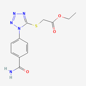molecular formula C12H13N5O3S B5566384 ethyl ({1-[4-(aminocarbonyl)phenyl]-1H-tetrazol-5-yl}thio)acetate 