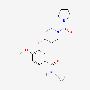 molecular formula C21H29N3O4 B5567031 N-cyclopropyl-4-methoxy-3-{[1-(pyrrolidin-1-ylcarbonyl)piperidin-4-yl]oxy}benzamide 