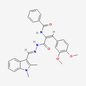 molecular formula C29H28N4O4 B5567238 N-[2-(3,4-dimethoxyphenyl)-1-({2-[(1,2-dimethyl-1H-indol-3-yl)methylene]hydrazino}carbonyl)vinyl]benzamide 
