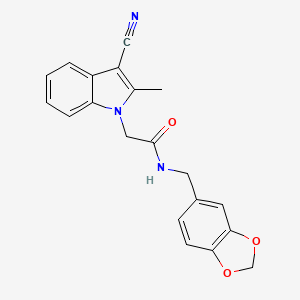 molecular formula C20H17N3O3 B5567321 N-(1,3-苯并二氧杂环-5-基甲基)-2-(3-氰基-2-甲基-1H-吲哚-1-基)乙酰胺 