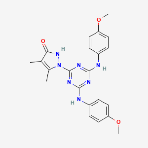 molecular formula C22H23N7O3 B5571303 1-{4,6-bis[(4-methoxyphenyl)amino]-1,3,5-triazin-2-yl}-4,5-dimethyl-1H-pyrazol-3-ol 