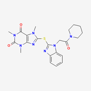 molecular formula C22H25N7O3S B5571396 1,3,7-trimethyl-8-({1-[2-oxo-2-(1-piperidinyl)ethyl]-1H-benzimidazol-2-yl}thio)-3,7-dihydro-1H-purine-2,6-dione 