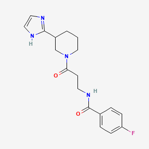 molecular formula C18H21FN4O2 B5571856 4-fluoro-N-{3-[3-(1H-imidazol-2-yl)-1-piperidinyl]-3-oxopropyl}benzamide 