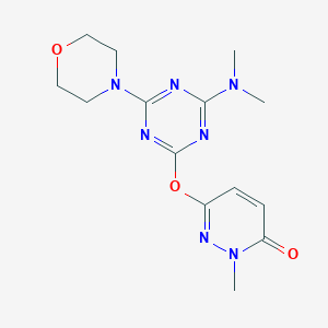 molecular formula C14H19N7O3 B5572271 6-{[4-(二甲氨基)-6-(4-吗啉基)-1,3,5-三嗪-2-基]氧基}-2-甲基-3(2H)-嘧啶并酮 