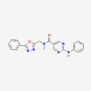 molecular formula C21H18N6O2 B5573946 2-anilino-N-methyl-N-[(5-phenyl-1,3,4-oxadiazol-2-yl)methyl]-5-pyrimidinecarboxamide 