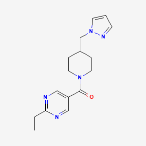 molecular formula C16H21N5O B5576230 2-ethyl-5-{[4-(1H-pyrazol-1-ylmethyl)-1-piperidinyl]carbonyl}pyrimidine 