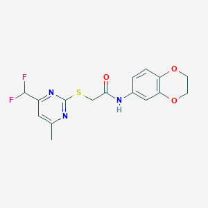molecular formula C16H15F2N3O3S B5578205 2-{[4-(difluoromethyl)-6-methyl-2-pyrimidinyl]thio}-N-(2,3-dihydro-1,4-benzodioxin-6-yl)acetamide 