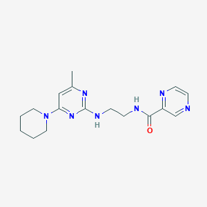 molecular formula C17H23N7O B5582751 N-(2-{[4-methyl-6-(1-piperidinyl)-2-pyrimidinyl]amino}ethyl)-2-pyrazinecarboxamide 