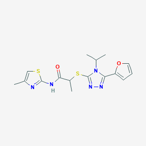 molecular formula C16H19N5O2S2 B5583867 2-{[5-(2-furyl)-4-isopropyl-4H-1,2,4-triazol-3-yl]thio}-N-(4-methyl-1,3-thiazol-2-yl)propanamide 