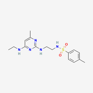 molecular formula C16H23N5O2S B5584967 N-(2-{[4-(ethylamino)-6-methyl-2-pyrimidinyl]amino}ethyl)-4-methylbenzenesulfonamide 