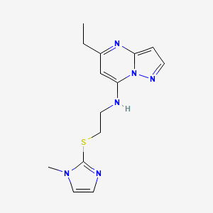 molecular formula C14H18N6S B5585040 5-ethyl-N-{2-[(1-methyl-1H-imidazol-2-yl)thio]ethyl}pyrazolo[1,5-a]pyrimidin-7-amine 