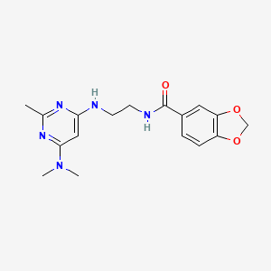 molecular formula C17H21N5O3 B5585262 N-(2-{[6-(dimethylamino)-2-methyl-4-pyrimidinyl]amino}ethyl)-1,3-benzodioxole-5-carboxamide 