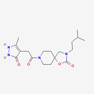 molecular formula C18H28N4O4 B5586234 3-(3-methylbutyl)-8-[(5-methyl-3-oxo-2,3-dihydro-1H-pyrazol-4-yl)acetyl]-1-oxa-3,8-diazaspiro[4.5]decan-2-one 