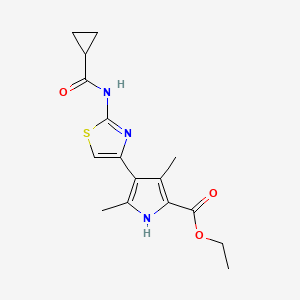 molecular formula C16H19N3O3S B5587078 ethyl 4-{2-[(cyclopropylcarbonyl)amino]-1,3-thiazol-4-yl}-3,5-dimethyl-1H-pyrrole-2-carboxylate 