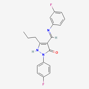 molecular formula C19H17F2N3O B5587142 2-(4-fluorophenyl)-4-{[(3-fluorophenyl)amino]methylene}-5-propyl-2,4-dihydro-3H-pyrazol-3-one 