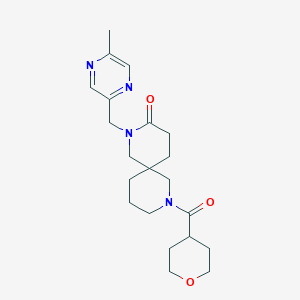 molecular formula C21H30N4O3 B5588076 2-[(5-methyl-2-pyrazinyl)methyl]-8-(tetrahydro-2H-pyran-4-ylcarbonyl)-2,8-diazaspiro[5.5]undecan-3-one 