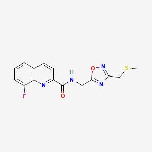 molecular formula C15H13FN4O2S B5588410 8-fluoro-N-({3-[(methylthio)methyl]-1,2,4-oxadiazol-5-yl}methyl)-2-quinolinecarboxamide 