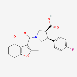 molecular formula C21H20FNO5 B5588486 (3S*,4R*)-4-(4-氟苯基)-1-[(2-甲基-4-氧代-4,5,6,7-四氢-1-苯并呋喃-3-基)羰基]吡咯烷-3-羧酸 