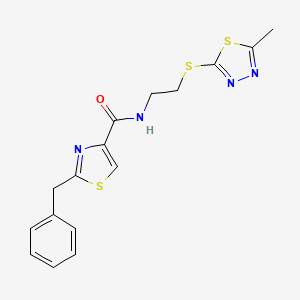 molecular formula C16H16N4OS3 B5590202 2-benzyl-N-{2-[(5-methyl-1,3,4-thiadiazol-2-yl)thio]ethyl}-1,3-thiazole-4-carboxamide 