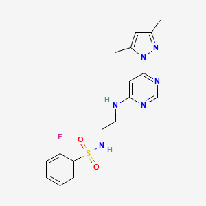 molecular formula C17H19FN6O2S B5590827 N-(2-{[6-(3,5-dimethyl-1H-pyrazol-1-yl)-4-pyrimidinyl]amino}ethyl)-2-fluorobenzenesulfonamide 