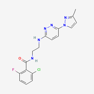 molecular formula C17H16ClFN6O B5592042 2-chloro-6-fluoro-N-(2-{[6-(3-methyl-1H-pyrazol-1-yl)-3-pyridazinyl]amino}ethyl)benzamide 