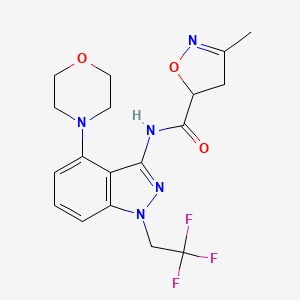 molecular formula C18H20F3N5O3 B5593710 3-甲基-N-[4-吗啉-4-基-1-(2,2,2-三氟乙基)-1H-吲唑-3-基]-4,5-二氢异恶唑-5-甲酰胺 