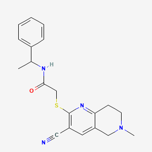 molecular formula C20H22N4OS B5593771 2-[(3-cyano-6-methyl-5,6,7,8-tetrahydro-1,6-naphthyridin-2-yl)thio]-N-(1-phenylethyl)acetamide 
